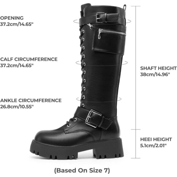 Women's Leather Black Combat Platform Knee High Lace Up Boots Motorcycle Boots - Picture 6 of 9